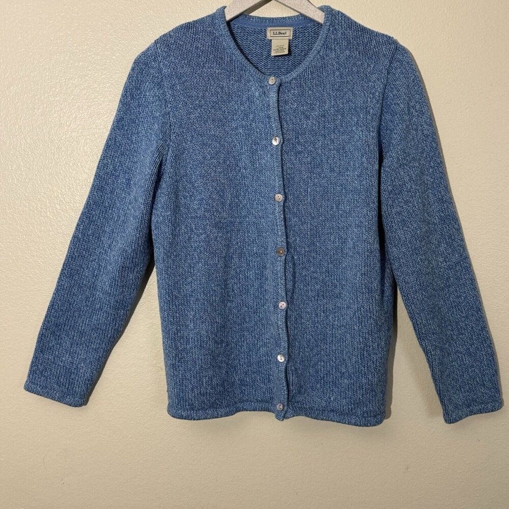 L.L. Bean Cotton Cardigan Sweater Blue Large Mother of Pearl Button EUC - Picture 1 of 9